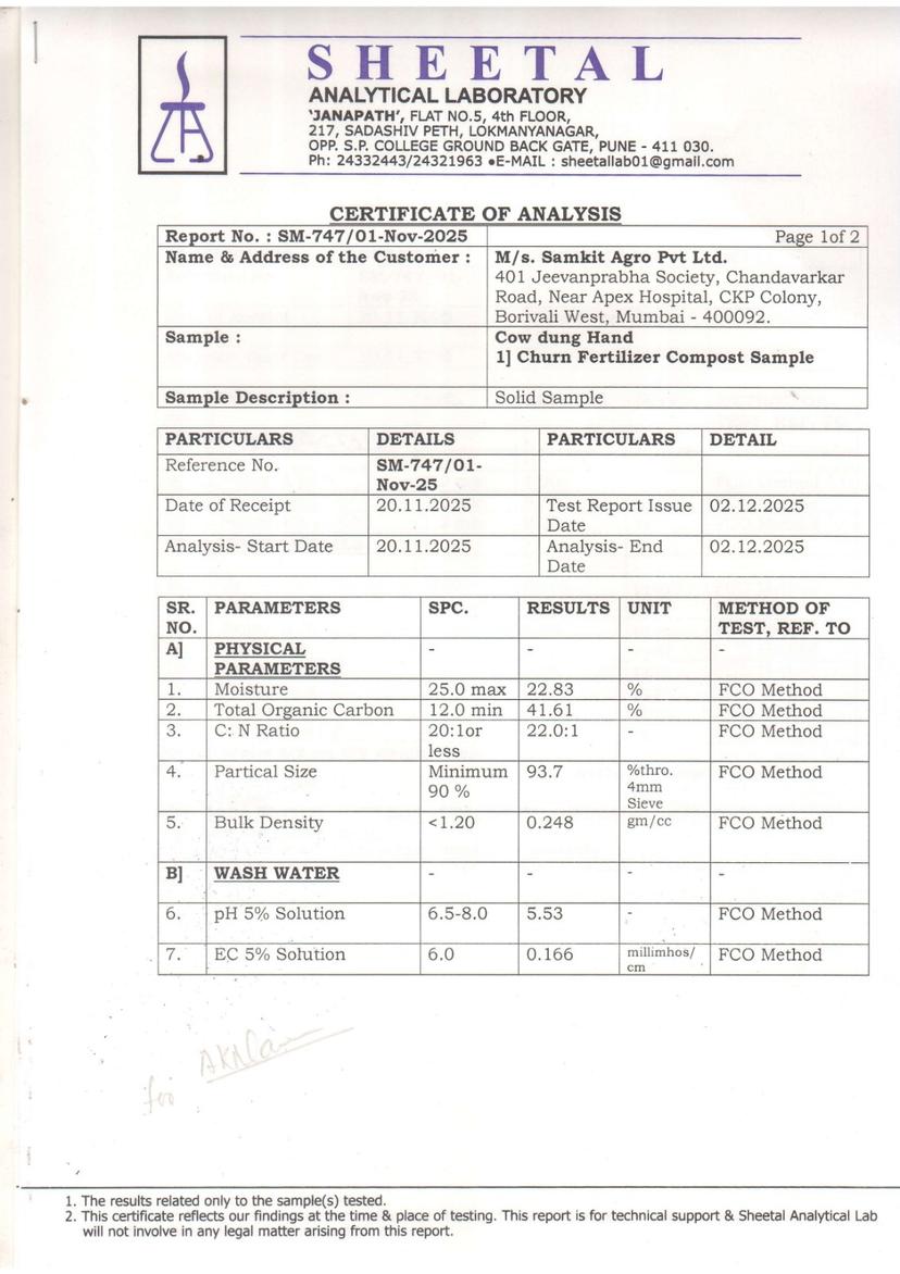 Certificate of Analysis from Sheetal Analytical Laboratory for cow dung fertilizer compost sample showing quality testing results and nutrient analysis