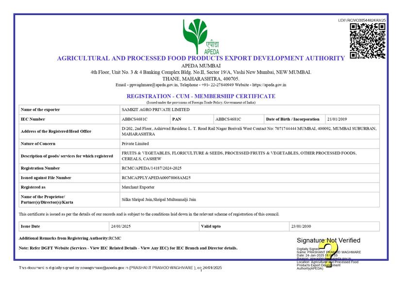APEDA Mumbai registration certificate for Samkit Agro Private Limited showing RCMC registration number and authorized export categories