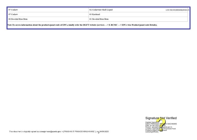 APEDA registration annexure document showing additional authorized export categories for cashew products and de-oiled rice bran
