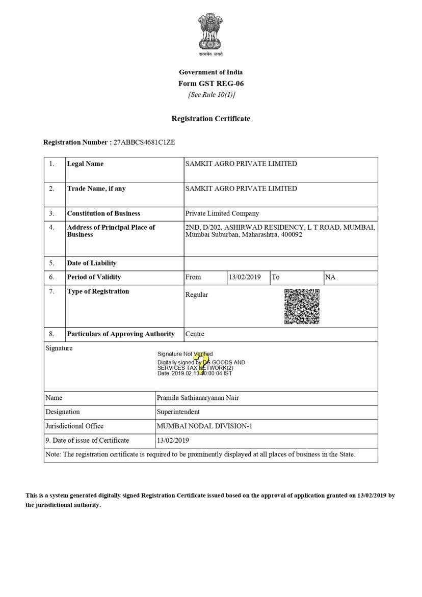 GST registration certificate Form GST REG-06 for Samkit Agro Private Limited with registration number 27ABBCS4681C1ZE showing complete tax compliance authorization