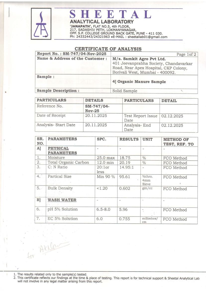 Certificate of Analysis from Sheetal Analytical Laboratory for organic manure Sample 4 showing comprehensive quality testing results and laboratory validation
