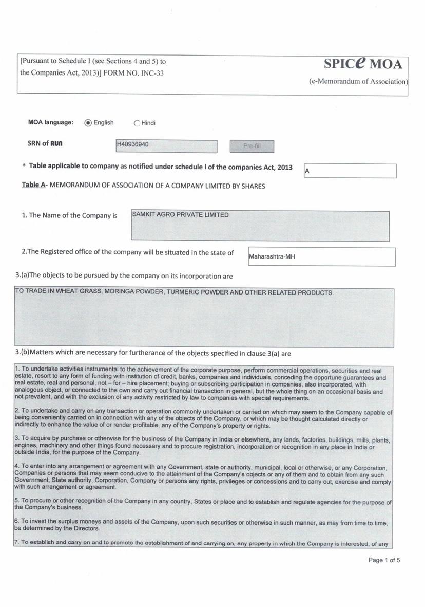 Memorandum of Association document for Samkit Agro Private Limited incorporated under Companies Act 2013 with registered business objects for wheat grass, moringa powder, turmeric powder trading and agricultural commodities export